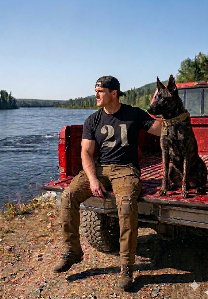 Aaron Ravo with his dog on a truck tailgate